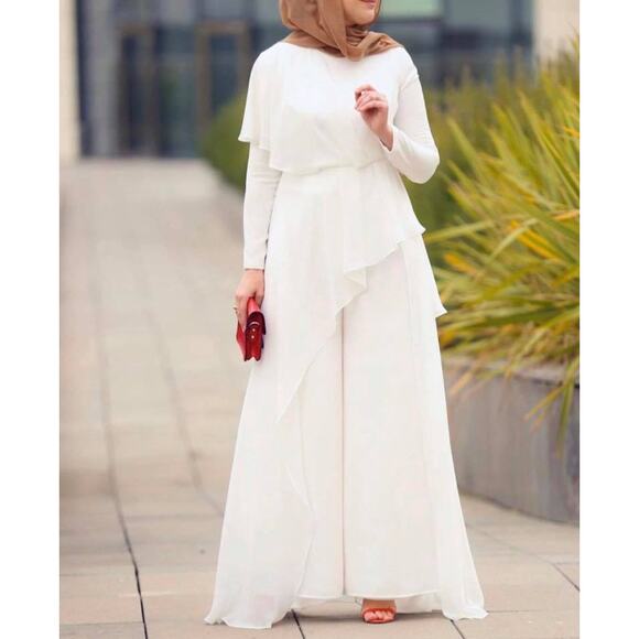 Annah Hariri White Overlay Chiffon Jumpsuit Wide Leg Size 2 Modest Palazzo READ - Picture 2 of 12